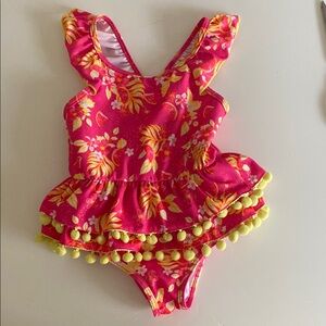 Girls Betsey Johnson Pink and Yellow One Piece Swimsuit with Ruffle Pom Poms 3T